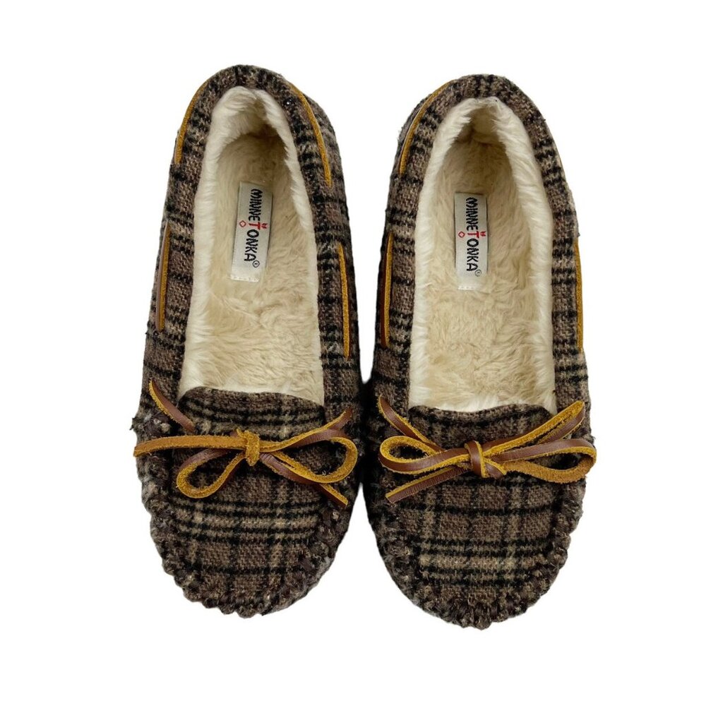 Minnetonka Brown Plaid Flannel Moccasin Slippers
